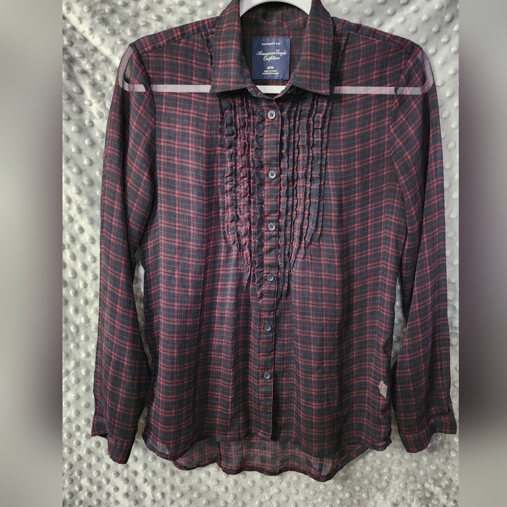 American Eagle Semi Sheer Button Down Navy & Maroon Size Medium